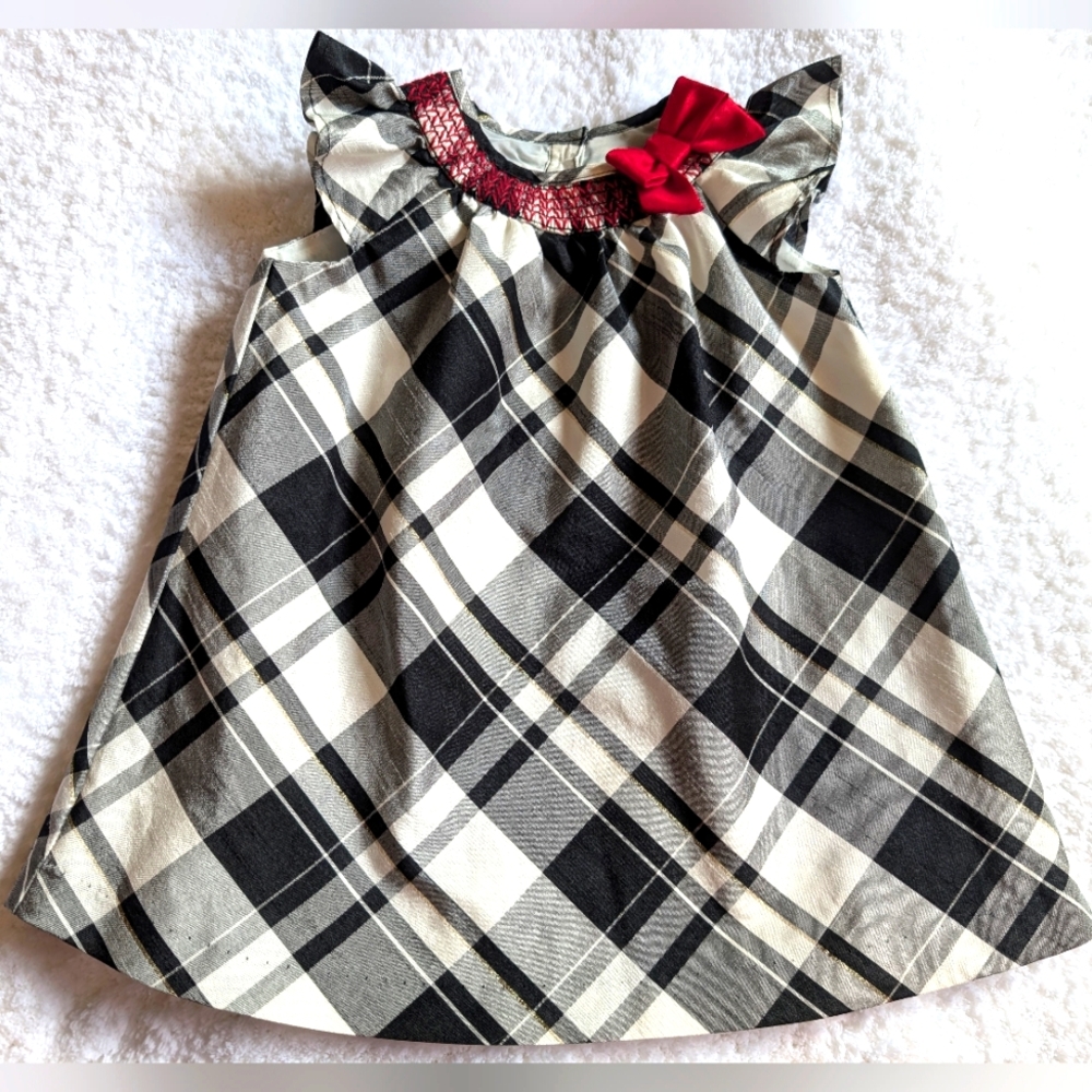 🎀 Gymboree Toddler Girl Holiday Black & White Plaid Float Dress W/ Red Bow 6-12